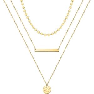 imageTurandoss Gold Layered Necklaces for Women  14K Gold Plated Handmade Multilayer Bar Pearls Coin Disc Moon Butterfly Medallion Adjustable Dainty Layered Choker Necklaces for Women Jewelry3PCS  CoinBarHammered Disc