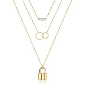 imageTurandoss Gold Layered Necklaces for Women  14K Gold Plated Handmade Multilayer Bar Pearls Coin Disc Moon Butterfly Medallion Adjustable Dainty Layered Choker Necklaces for Women Jewelry3PCS  PearlsTwo CircleLock