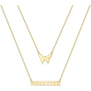 imageTurandoss Gold Layered Necklaces for Women  14K Gold Plated Handmade Multilayer Bar Pearls Coin Disc Moon Butterfly Medallion Adjustable Dainty Layered Choker Necklaces for Women Jewelry2PCS  ButterflyBar