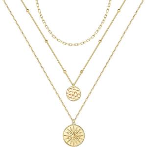 imageTurandoss Gold Layered Necklaces for Women  14K Gold Plated Handmade Multilayer Bar Pearls Coin Disc Moon Butterfly Medallion Adjustable Dainty Layered Choker Necklaces for Women Jewelry3PCS  ChainHammered DiscSun