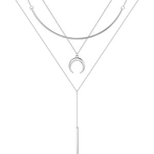 imageTurandoss Gold Layered Necklaces for Women  14K Gold Plated Handmade Multilayer Bar Pearls Coin Disc Moon Butterfly Medallion Adjustable Dainty Layered Choker Necklaces for Women Jewelry3PCS Silver  ChainCrescentBar