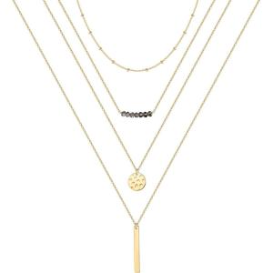 imageTurandoss Gold Layered Necklaces for Women  14K Gold Plated Handmade Multilayer Bar Pearls Coin Disc Moon Butterfly Medallion Adjustable Dainty Layered Choker Necklaces for Women Jewelry4PCS  ChainBeadsBarHammered DiscBar