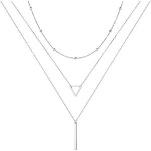 imageTurandoss Gold Layered Necklaces for Women  14K Gold Plated Handmade Multilayer Bar Pearls Coin Disc Moon Butterfly Medallion Adjustable Dainty Layered Choker Necklaces for Women Jewelry3PCS Silver  ChainTriangleBar