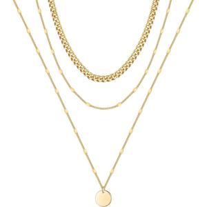 imageTurandoss Gold Layered Necklaces for Women  14K Gold Plated Handmade Multilayer Bar Pearls Coin Disc Moon Butterfly Medallion Adjustable Dainty Layered Choker Necklaces for Women Jewelry3 Layered Necklace  ThickChainDisc