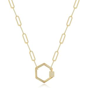 imageTurandoss Gold Paperclip Chain Necklace for Women 14K Gold Plated Dainty Paperclip Link Chain Necklace Medallion Evil Eye Star Lightning Heart Butterfly Oval Link Paperclip Chain Necklaces for WomenHexagon