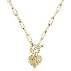 imageTurandoss Gold Paperclip Chain Necklace for Women 14K Gold Plated Dainty Paperclip Link Chain Necklace Medallion Evil Eye Star Lightning Heart Butterfly Oval Link Paperclip Chain Necklaces for WomenHeart Evil Eye