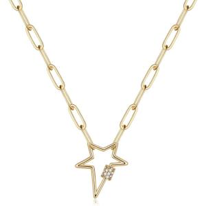 imageTurandoss Gold Paperclip Chain Necklace for Women 14K Gold Plated Dainty Paperclip Link Chain Necklace Medallion Evil Eye Star Lightning Heart Butterfly Oval Link Paperclip Chain Necklaces for WomenStar