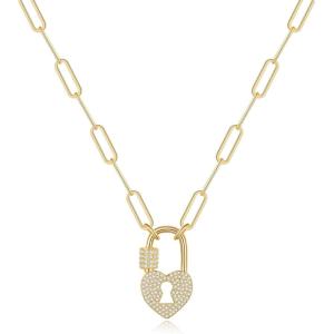 imageTurandoss Gold Paperclip Chain Necklace for Women 14K Gold Plated Dainty Paperclip Link Chain Necklace Medallion Evil Eye Star Lightning Heart Butterfly Oval Link Paperclip Chain Necklaces for WomenHeart Lock