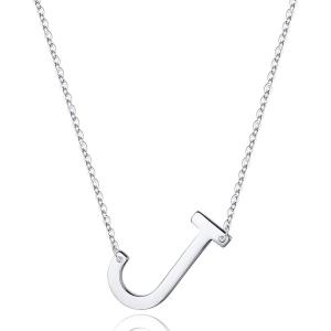 imageS925 Sterling Silver Sideways Initial Necklaces for Women Dainty Hypoallergenic Sterling Silver Letter AZ Pendant Necklace Silver Sideways Initial Letter Necklace for Women Girls Jewelry GiftsJ