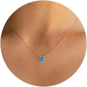 imageTurandoss Gold Diamond Necklace for Wome  Gold Plated Genuine or Created Round Birthstone Necklace Birthday Valentines Christmas 12 Months Birthstone Necklaces for Women Gold Jewelry Gifts11NovNatural Swiss Blue Topaz