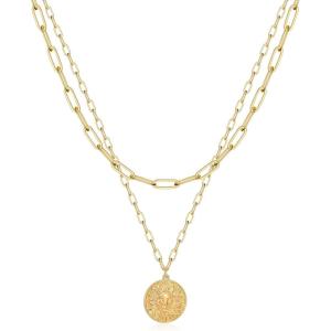 imageTurandoss Gold Necklaces for Women  14K Gold Plated Lock Evil Eye Medallion Vintage Coin Necklace Bee Sun Moon Shell Gold Chain Necklace Layered Paperclip Chain Necklaces for Women Jewelry Gifts12Sun Coin