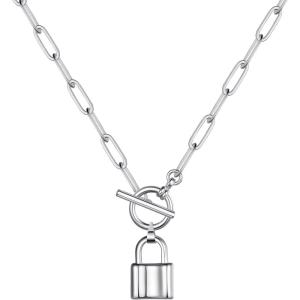 imageTurandoss Gold Necklaces for Women  14K Gold Plated Lock Evil Eye Medallion Vintage Coin Necklace Bee Sun Moon Shell Gold Chain Necklace Layered Paperclip Chain Necklaces for Women Jewelry Gifts2Lock Link ChokerSilver