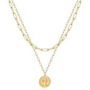 imageTurandoss Gold Necklaces for Women  14K Gold Plated Lock Evil Eye Medallion Vintage Coin Necklace Bee Sun Moon Shell Gold Chain Necklace Layered Paperclip Chain Necklaces for Women Jewelry Gifts4Queen Elizabeth Coin
