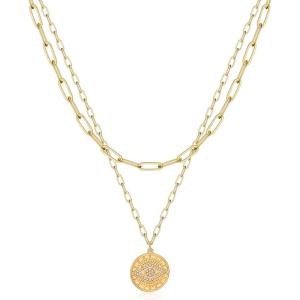 imageTurandoss Gold Necklaces for Women  14K Gold Plated Lock Evil Eye Medallion Vintage Coin Necklace Bee Sun Moon Shell Gold Chain Necklace Layered Paperclip Chain Necklaces for Women Jewelry Gifts3Layered Evil Eye