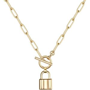 imageTurandoss Gold Necklaces for Women  14K Gold Plated Lock Evil Eye Medallion Vintage Coin Necklace Bee Sun Moon Shell Gold Chain Necklace Layered Paperclip Chain Necklaces for Women Jewelry Gifts1Lock Link Choker