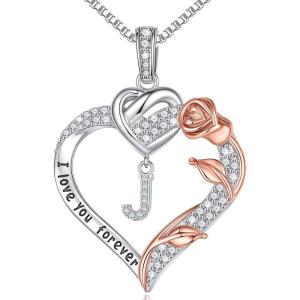 imageTurandoss Rose Heart Necklaces Gifts for Women  S925 Sterling Silver Rose Forever Love Heart Initial Letter Pendant Necklace Jewelry Valentines Day Gifts Birthday Gifts for Women Mom WifeJ