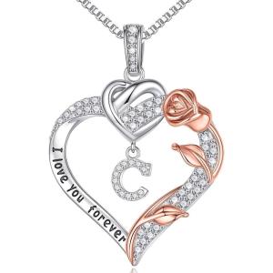 imageTurandoss Rose Heart Necklaces Gifts for Women  S925 Sterling Silver Rose Forever Love Heart Initial Letter Pendant Necklace Jewelry Valentines Day Gifts Birthday Gifts for Women Mom WifeC