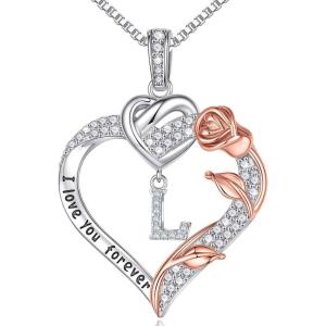 imageTurandoss Rose Heart Necklaces Gifts for Women  S925 Sterling Silver Rose Forever Love Heart Initial Letter Pendant Necklace Jewelry Valentines Day Gifts Birthday Gifts for Women Mom WifeL