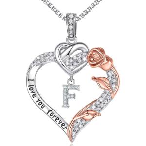 imageTurandoss Rose Heart Necklaces Gifts for Women  S925 Sterling Silver Rose Forever Love Heart Initial Letter Pendant Necklace Jewelry Valentines Day Gifts Birthday Gifts for Women Mom WifeF