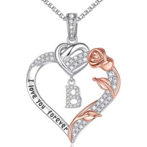 imageTurandoss Rose Heart Necklaces Gifts for Women  S925 Sterling Silver Rose Forever Love Heart Initial Letter Pendant Necklace Jewelry Valentines Day Gifts Birthday Gifts for Women Mom WifeB