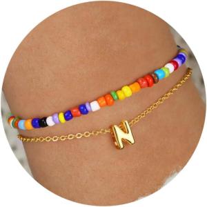 imageTurandoss Colorful Beaded Initial Bracelets for Girls Women  Dainty 18K Gold Plated Bubble Letter Initial AZ Bracelet Layered Bracelets for Women Teen Girl Gifts JewelryN