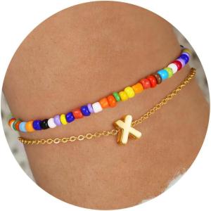 imageTurandoss Colorful Beaded Initial Bracelets for Girls Women  Dainty 18K Gold Plated Bubble Letter Initial AZ Bracelet Layered Bracelets for Women Teen Girl Gifts JewelryX