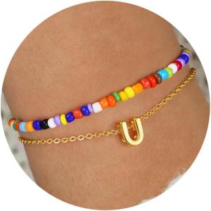 imageTurandoss Colorful Beaded Initial Bracelets for Girls Women  Dainty 18K Gold Plated Bubble Letter Initial AZ Bracelet Layered Bracelets for Women Teen Girl Gifts JewelryU