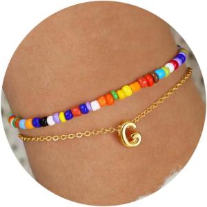imageTurandoss Colorful Beaded Initial Bracelets for Girls Women  Dainty 18K Gold Plated Bubble Letter Initial AZ Bracelet Layered Bracelets for Women Teen Girl Gifts JewelryG