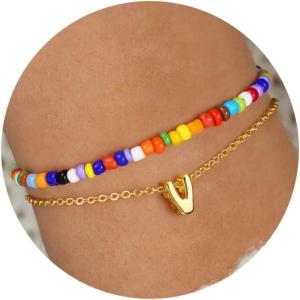 imageTurandoss Colorful Beaded Initial Bracelets for Girls Women  Dainty 18K Gold Plated Bubble Letter Initial AZ Bracelet Layered Bracelets for Women Teen Girl Gifts JewelryV