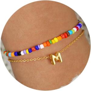 imageTurandoss Colorful Beaded Initial Bracelets for Girls Women  Dainty 18K Gold Plated Bubble Letter Initial AZ Bracelet Layered Bracelets for Women Teen Girl Gifts JewelryM
