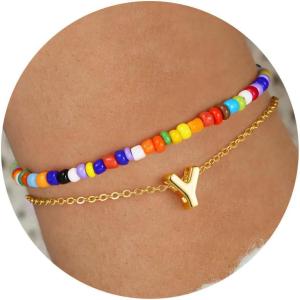 imageTurandoss Colorful Beaded Initial Bracelets for Girls Women  Dainty 18K Gold Plated Bubble Letter Initial AZ Bracelet Layered Bracelets for Women Teen Girl Gifts JewelryY