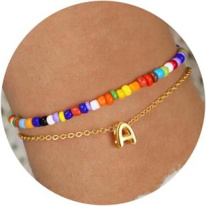 imageTurandoss Colorful Beaded Initial Bracelets for Girls Women  Dainty 18K Gold Plated Bubble Letter Initial AZ Bracelet Layered Bracelets for Women Teen Girl Gifts JewelryA