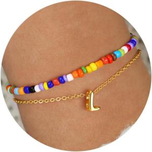imageTurandoss Colorful Beaded Initial Bracelets for Girls Women  Dainty 18K Gold Plated Bubble Letter Initial AZ Bracelet Layered Bracelets for Women Teen Girl Gifts JewelryL