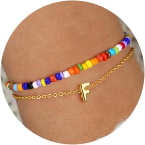 imageTurandoss Colorful Beaded Initial Bracelets for Girls Women  Dainty 18K Gold Plated Bubble Letter Initial AZ Bracelet Layered Bracelets for Women Teen Girl Gifts JewelryF