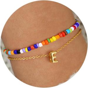 imageTurandoss Colorful Beaded Initial Bracelets for Girls Women  Dainty 18K Gold Plated Bubble Letter Initial AZ Bracelet Layered Bracelets for Women Teen Girl Gifts JewelryE