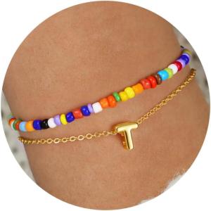 imageTurandoss Colorful Beaded Initial Bracelets for Girls Women  Dainty 18K Gold Plated Bubble Letter Initial AZ Bracelet Layered Bracelets for Women Teen Girl Gifts JewelryT