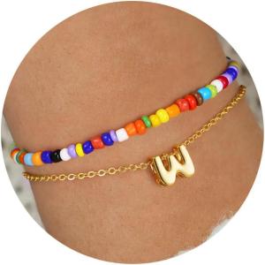 imageTurandoss Colorful Beaded Initial Bracelets for Girls Women  Dainty 18K Gold Plated Bubble Letter Initial AZ Bracelet Layered Bracelets for Women Teen Girl Gifts JewelryW