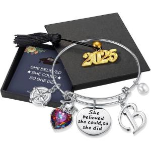 imageTurandoss Graduation Gifts for Her 2025  Inspirational Compass Bangle Bracelet She Believed She Could So She Did Silver Initial Bracelets Class of 2025 High School College Graduation Gifts for HerBSilver