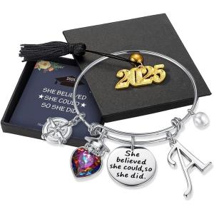 imageTurandoss Graduation Gifts for Her 2025  Inspirational Compass Bangle Bracelet She Believed She Could So She Did Silver Initial Bracelets Class of 2025 High School College Graduation Gifts for HerASilver