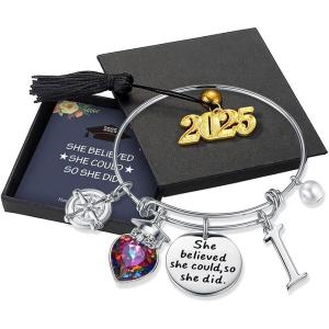 imageTurandoss Graduation Gifts for Her 2025  Inspirational Compass Bangle Bracelet She Believed She Could So She Did Silver Initial Bracelets Class of 2025 High School College Graduation Gifts for HerISilver