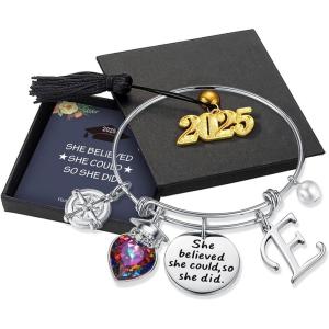 imageTurandoss Graduation Gifts for Her 2025  Inspirational Compass Bangle Bracelet She Believed She Could So She Did Silver Initial Bracelets Class of 2025 High School College Graduation Gifts for HerESilver