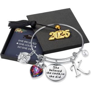 imageTurandoss Graduation Gifts for Her 2025  Inspirational Compass Bangle Bracelet She Believed She Could So She Did Silver Initial Bracelets Class of 2025 High School College Graduation Gifts for HerKSilver