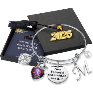imageTurandoss Graduation Gifts for Her 2025  Inspirational Compass Bangle Bracelet She Believed She Could So She Did Silver Initial Bracelets Class of 2025 High School College Graduation Gifts for HerMSilver
