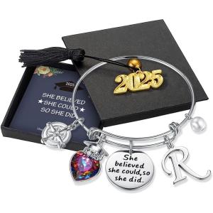 imageTurandoss Graduation Gifts for Her 2025  Inspirational Compass Bangle Bracelet She Believed She Could So She Did Silver Initial Bracelets Class of 2025 High School College Graduation Gifts for HerRSilver