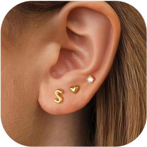 imageTurandoss 3 Pairs Hypoallergenic Initial Heart Zircon Stud Earrings for Women 14K Gold Plated Letter AZ Heart Zircon Flat Back Earrings Set Jewelry Gifts for Women TrendyS