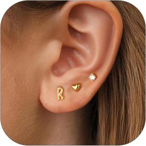 imageTurandoss 3 Pairs Hypoallergenic Initial Heart Zircon Stud Earrings for Women 14K Gold Plated Letter AZ Heart Zircon Flat Back Earrings Set Jewelry Gifts for Women TrendyR