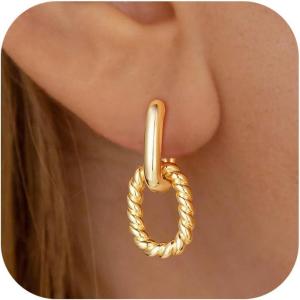 imageTurandoss Huggie Hoop Earrings for Women Girls Dainty 14K Gold Plated Twisted Rope Earring Hypoallergenic Cubic Zirconia Paperclip Link Drop Dangle Hoop Earring for Women Trendy Jewelry GiftsRope Paperclip Huggie Hoop Earrings