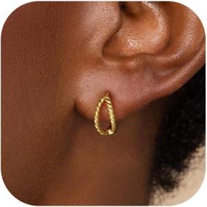 imageTurandoss Huggie Hoop Earrings for Women Girls Dainty 14K Gold Plated Twisted Rope Earring Hypoallergenic Cubic Zirconia Paperclip Link Drop Dangle Hoop Earring for Women Trendy Jewelry GiftsSmall Twisted Rope Earrings