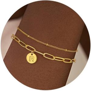 imageTurandoss Gold Initial Bracelets for Women Trendy Dainty 18K Real Gold Plated Layered Paperclip Chain Beaded Bracelets Personalized Disc Monogram Letter AZ Initial Bracelets for Women Jewelry GiftsR