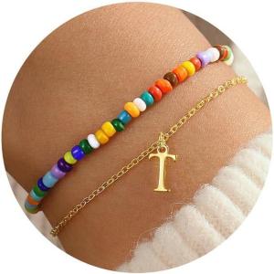 imageTurandoss Colorful Beaded Initial Bracelets for Teen Girls Women Gifts  18K Gold Plated Cute Initial Bracelets for Girls Jewelry Teen Girl Gifts Trendy Stuff Birthday Gifts for GirlsT